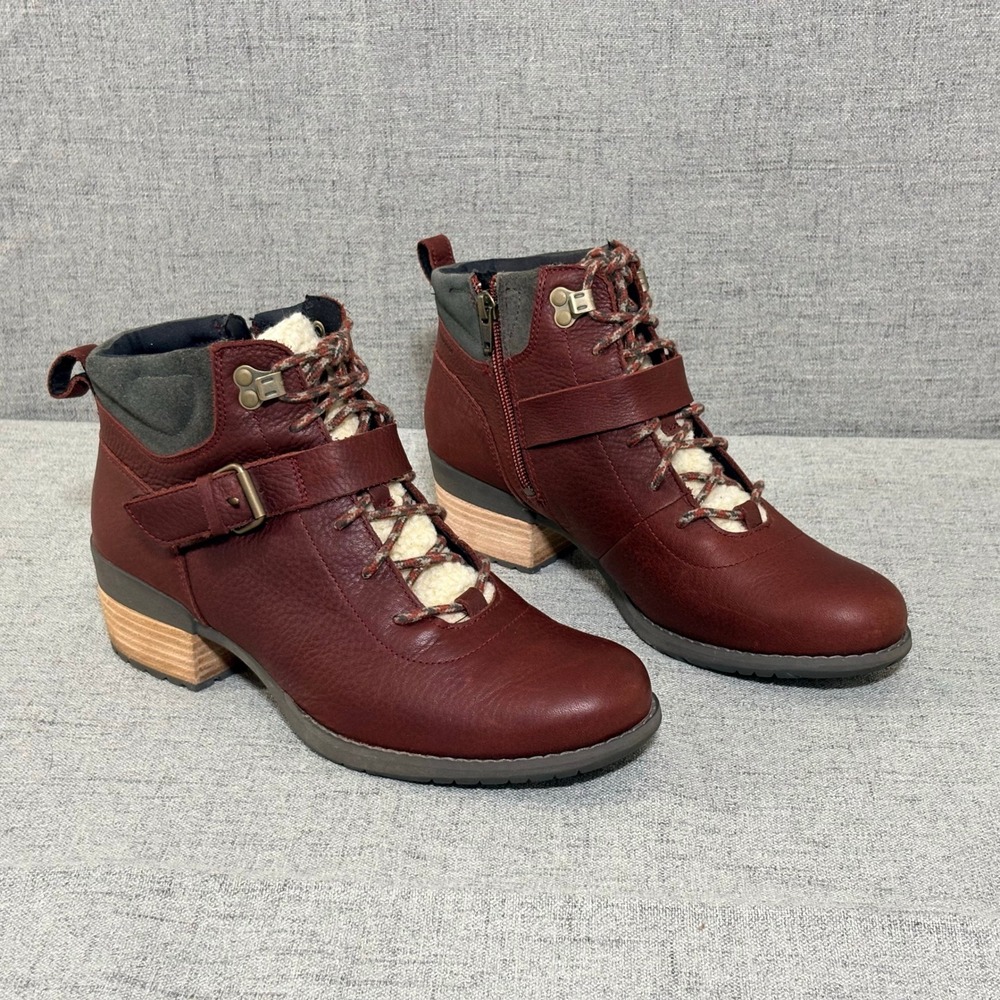 Merrell Women 10 Burgundy Leather Lace Up Ankle Boots Shearling Lined Side Zip